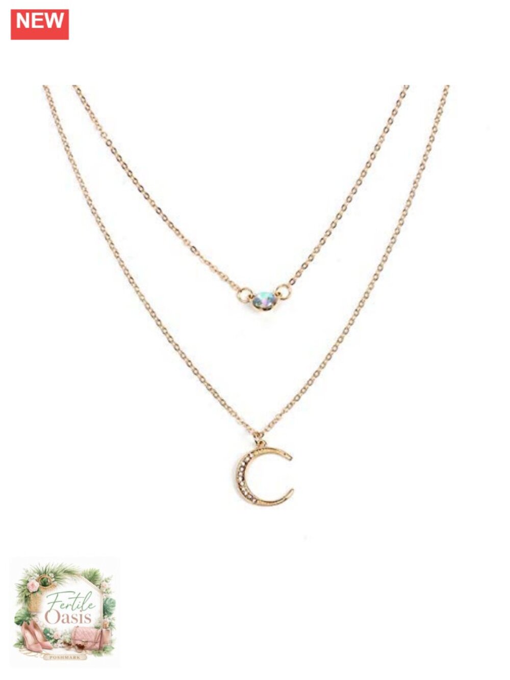 Layered Choker Necklace Moon Sun Opal Pendant Alloy Gold Plated Extension Chain